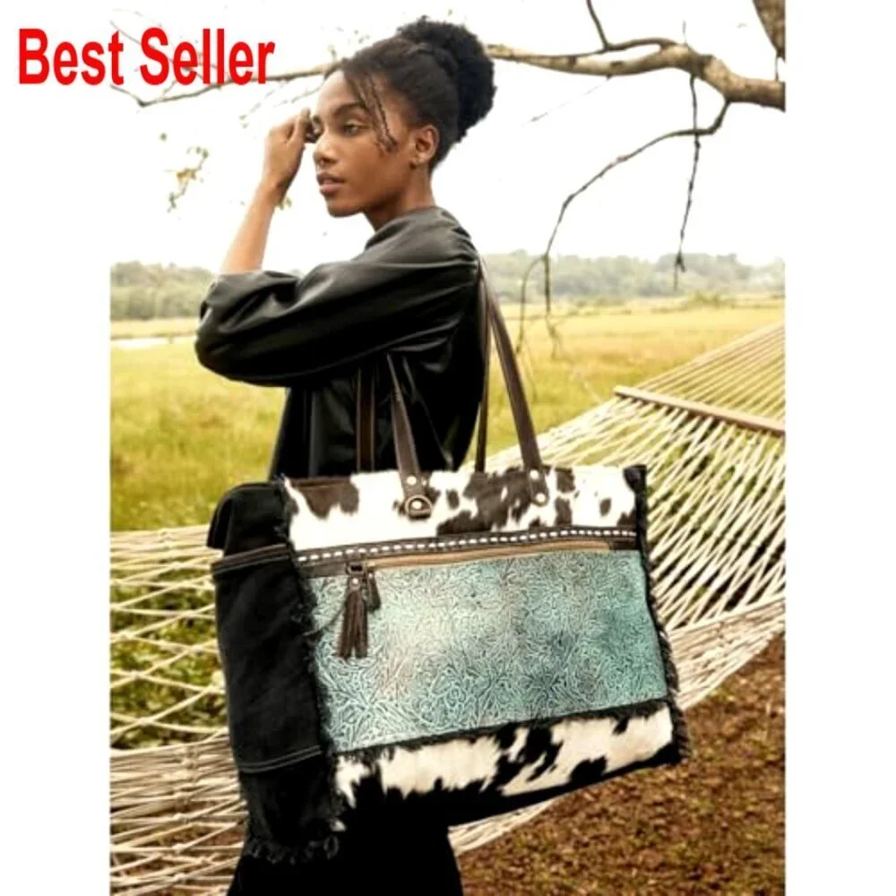 Western Cowhide Purse with Leather Strap, Paisley Pattern Hobo Bag